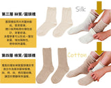 Beige socks with text indicating silk and cotton layers on a white background